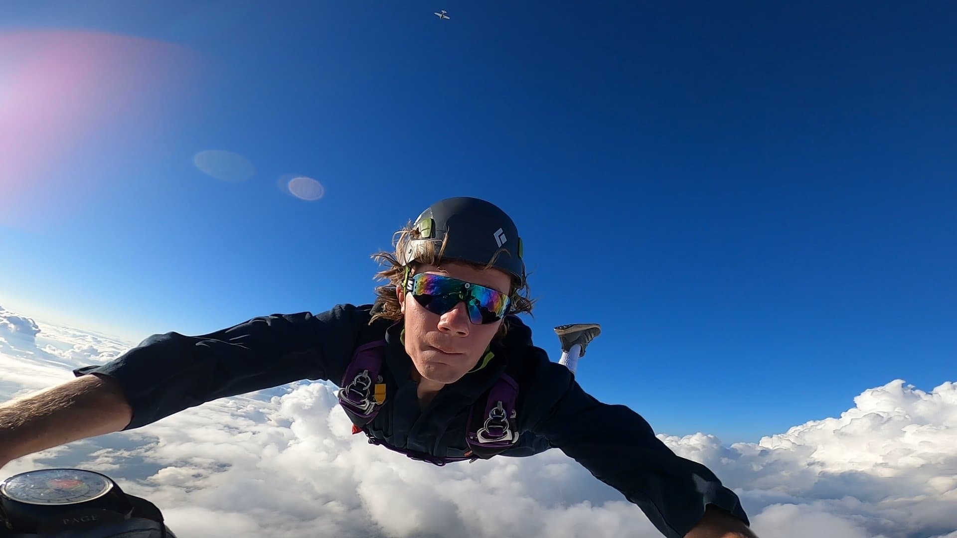 A canopy pilot flying in to land at Skydive K-State